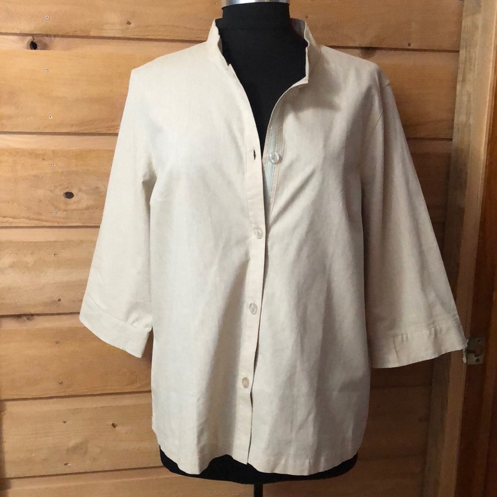 Blair 100% cotton beige 3/4 sleeve button front top size Large